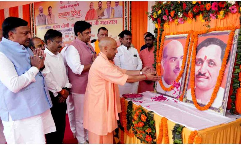 योगी आदित्यनाथ भाजपा स्थापना दिवस, BJP Foundation Day 2026, Yogi Adityanath speech Gorakhpur, Narendra Modi leadership India, BJP workers nation first, Jan Sangh history India